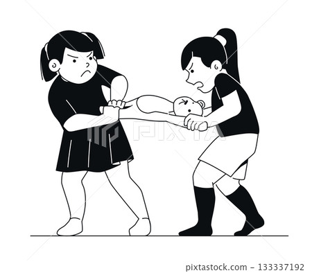 Girls Fighting for Toy - Black and White Flat Design Illustration Girls Fighting for Toy - Black and White Flat Design Illustration 133337192