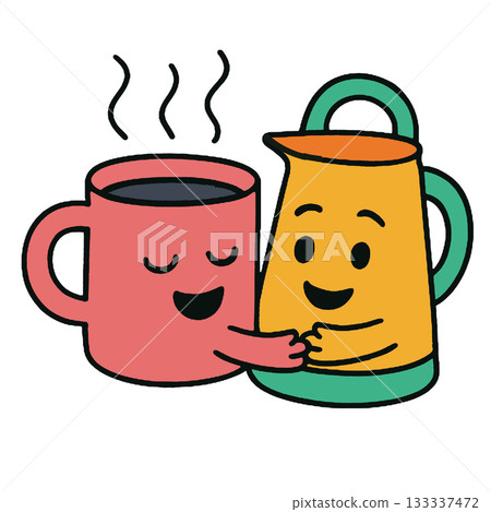 Happy coffee mug, smiling teapot, cute cartoon, friendship, hug Happy coffee mug, smiling teapot, cute cartoon, friendship, hug 133337472