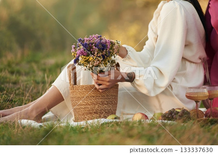 Close up view of lesbian couple that are in nature together 133337630