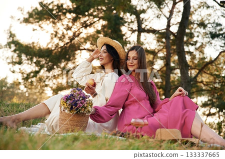 Weekend rest. Lesbian couple is together on the picnic in nature Weekend rest. Lesbian couple is together on the picnic in nature 133337665