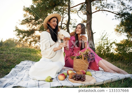 Weekend rest. Lesbian couple is together on the picnic in nature Weekend rest. Lesbian couple is together on the picnic in nature 133337666