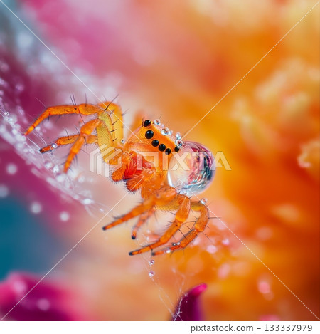 A vibrant orange spider captures the beauty of nature. Displaying intricate details and colors. A close-up that showcases its environment. Generative AI 133337979