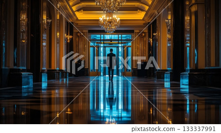 A tall figure walks through a luxurious hallway adorned with chandeliers. The walls glisten with elegance. A moment of reflection captured in a grand space. Generative AI 133337991
