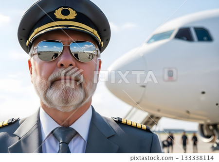 Pilot in uniform with sunglasses in front of a passenger airplane 133338114