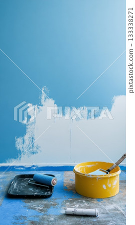 A tranquil scene showcasing a wall being painted in soothing blue. The yellow paint bucket adds a pop of color. Perfect for home improvement projects. Generative AI A tranquil scene showcasing a wall being painted in soothing blue. The yellow paint bucket adds a pop of color. Perfect for home improvement projects. Generative AI 133338271