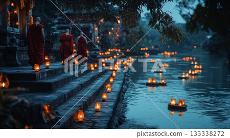 A tranquil riverside scene at dusk with monks in traditional robes walking beside glowing lanterns. The serene atmosphere invites reflection and peace. Generative AI A tranquil riverside scene at dusk with monks in traditional robes walking beside glowing lanterns. The serene atmosphere invites reflection and peace. Generative AI 133338272