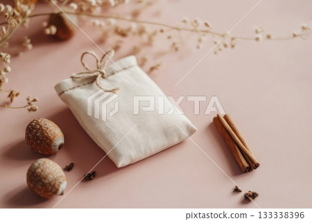 A white bag with aromatic cinnamon sticks and spices on a pink table. AI-generated content. 133338396