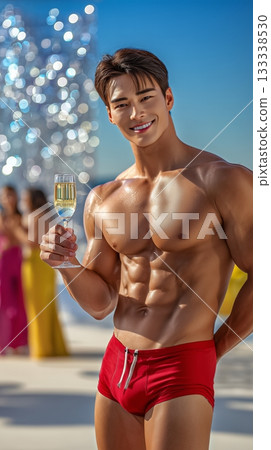 Handsome Male Model in Red Bikini Partying at Beachside Handsome Male Model in Red Bikini Partying at Beachside 133338530