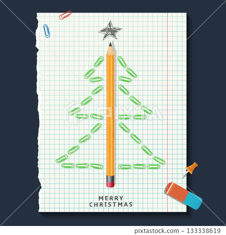 Christmas tree made with pencil and paper clips on notebook sheet 133338619