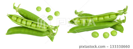 Fresh green pea pod with beans isolated on white background. Top view. Flat lay 133338660