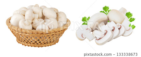 Fresh mushroom champignon in a wicker basket isolated on white background 133338673