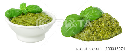 Pesto sauce in ceramic bowl isolated on white background. Top view. Flat lay 133338674