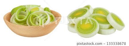 sliced Leek vegetable in wooden bowl isolated on white background with full depth of field 133338678