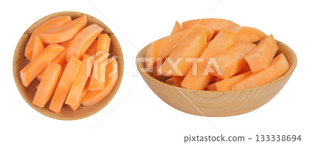 Sweet potato slices in a wooden bowl isolated on white background. Top view. Flat lay Sweet potato slices in a wooden bowl isolated on white background. Top view. Flat lay 133338694