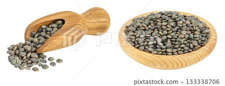 raw french green lentils in wooden scoop isolated on white background with full depth of field raw french green lentils in wooden scoop isolated on white background with full depth of field 133338706