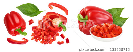 diced of red sweet bell pepper isolated on white background. Top view. Flat lay 133338713