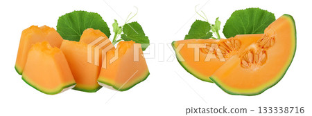 Cantaloupe melon pieces isolated on white background with full depth of field. Cantaloupe melon pieces isolated on white background with full depth of field. 133338716
