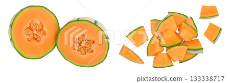 Cantaloupe melon half isolated on white background with full depth of field. Top view. Flat lay 133338717