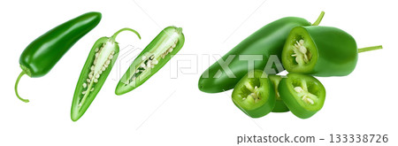 jalapeno peppers isolated on white background. Green chili pepper . Top view. Flat lay jalapeno peppers isolated on white background. Green chili pepper . Top view. Flat lay 133338726