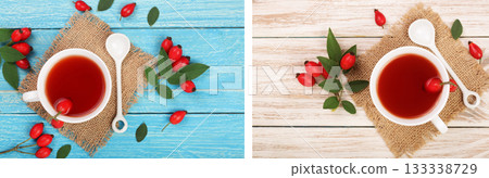 tea with rose hips on blue and white wooden background. Top view tea with rose hips on blue and white wooden background. Top view 133338729