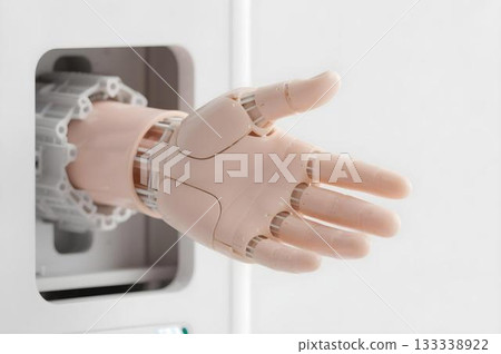 3D printer building realistic human hand model with visible geometric mesh and skin texture 3D printer building realistic human hand model with visible geometric mesh and skin texture 133338922