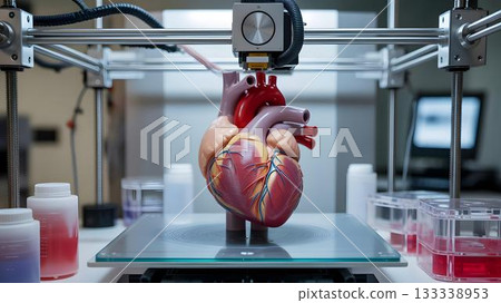 Large detailed artificial heart being printed inside advanced 3D printer in medical research lab Large detailed artificial heart being printed inside advanced 3D printer in medical research lab 133338953