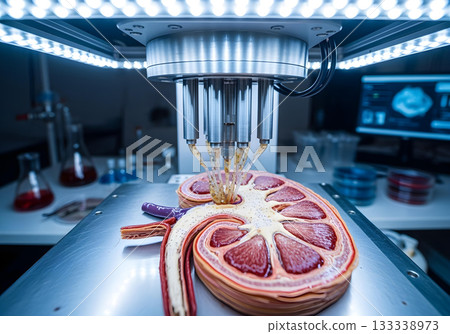 Full kidney with sliced section being 3D printed in futuristic medical lab with soft lighting and tools 133338973