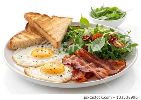 Plate of fried eggs crispy bacon strips toasted bread and fresh green salad with cherry tomatoes 133338996