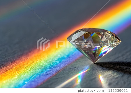 A brilliant diamond refracts rainbow light casting colorful spectral reflections on a dark textured surface 133339031