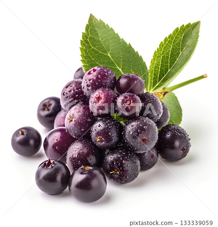 Fresh aronia berries with water droplets and green leaves on a white background Fresh aronia berries with water droplets and green leaves on a white background 133339059