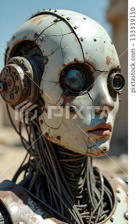 Closeup of humanoid robot face with glowing mechanical eyes rusty metal surface and circuits concept of artificial intelligence dystopia AGI ASI and machine danger Closeup of humanoid robot face with glowing mechanical eyes rusty metal surface and circuits concept of artificial intelligence dystopia AGI ASI and machine danger 133339150