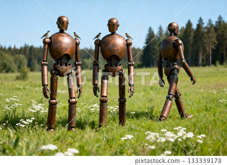 Three humanoid robots standing on green field with birds perched on them concept of artificial intelligence technology harmony dystopia and future machine coexistence Three humanoid robots standing on green field with birds perched on them concept of artificial intelligence technology harmony dystopia and future machine coexistence 133339178