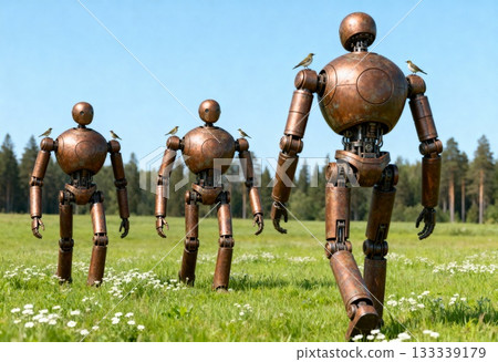Three humanoid robots standing on green field with birds perched on them concept of artificial intelligence technology harmony dystopia and future machine coexistence 133339179