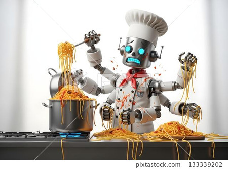 Cartoon humanoid chef robot with multiple arms cooking spaghetti in kitchen concept of AI culinary automation and food technology chaos Cartoon humanoid chef robot with multiple arms cooking spaghetti in kitchen concept of AI culinary automation and food technology chaos 133339202