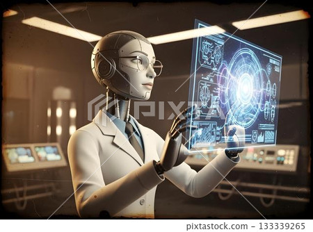 Cartoon humanoid robot scientist with glasses interacting with holographic data screens in futuristic control room concept of AI research and digital interface technology Cartoon humanoid robot scientist with glasses interacting with holographic data screens in futuristic control room concept of AI research and digital interface technology 133339265