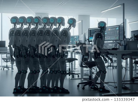 Humanoid robot in modern office moving quickly leaving a motion blur and trail representing AI work speed, efficency and superior task execution, replacing human labor job replacement and unemployment Humanoid robot in modern office moving quickly leaving a motion blur and trail representing AI work speed, efficency and superior task execution, replacing human labor job replacement and unemployment 133339347