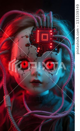 Creepy cracked porcelain doll with glowing red cybernetic eyes and implanted microchip connected to multiple cables symbolizing dark AI control and machine dominance Creepy cracked porcelain doll with glowing red cybernetic eyes and implanted microchip connected to multiple cables symbolizing dark AI control and machine dominance 133339349