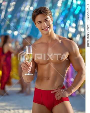 Handsome Male Model in Red Bikini Partying at Beachside 133339594
