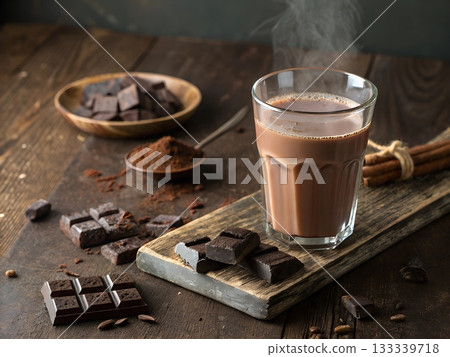 Hot chocolate in a glass with chocolate pieces and cinnamon sticks on a rustic table 133339718