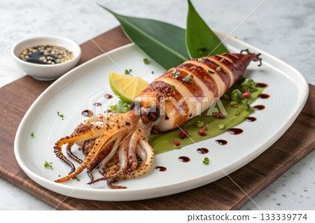 Whole grilled squid served on a white plate with lime herbs and dipping sauce Whole grilled squid served on a white plate with lime herbs and dipping sauce 133339774