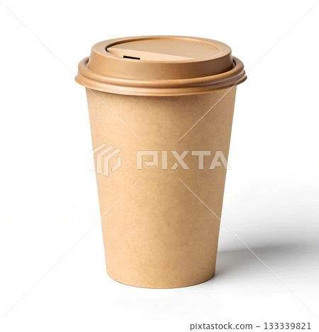 Single disposable brown paper coffee cup with a tan lid isolated on a white background 133339821