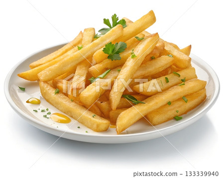 Golden french fries piled high on a white plate with parsley garnish and oil droplets Golden french fries piled high on a white plate with parsley garnish and oil droplets 133339940