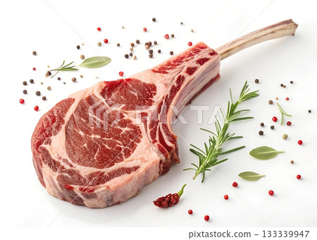 Raw tomahawk steak with bone surrounded by scattered peppercorns and fresh rosemary sprigs on a white background 133339947