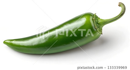 A single vibrant green jalapeno pepper isolated on a clean white background 133339969