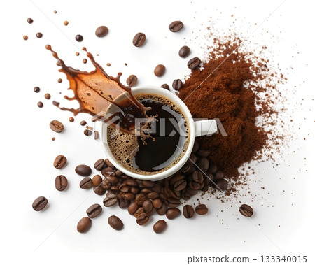 Hot coffee splash from white cup with scattered roasted beans and ground coffee powder Hot coffee splash from white cup with scattered roasted beans and ground coffee powder 133340015