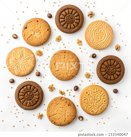 Assortment of decorative and plain round cookies arranged on a white surface Assortment of decorative and plain round cookies arranged on a white surface 133340047