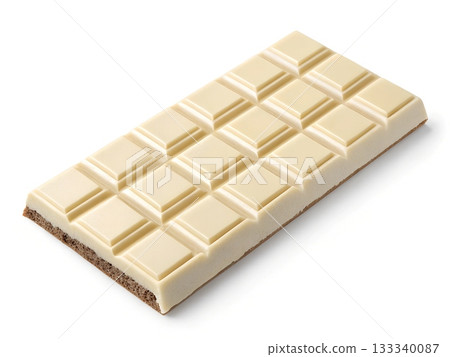 A rich white chocolate bar with a biscuit base sits isolated on a pure white background 133340087