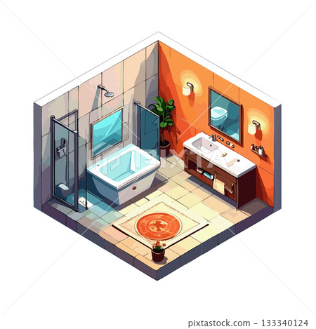 浴室圖標，現代西式風格，暖色調插圖 133340124