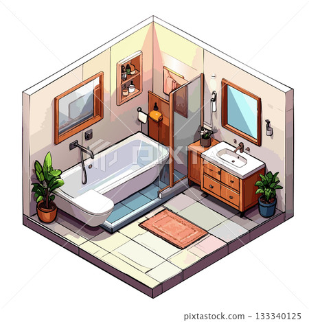 浴室圖標，現代西式風格，暖色調插圖 133340125
