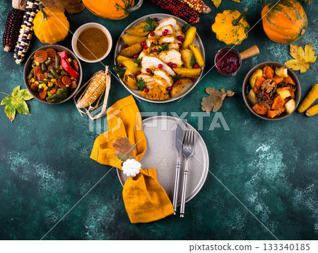 Traditional Thanksgiving day dinner with turkey Traditional Thanksgiving day dinner with turkey 133340185